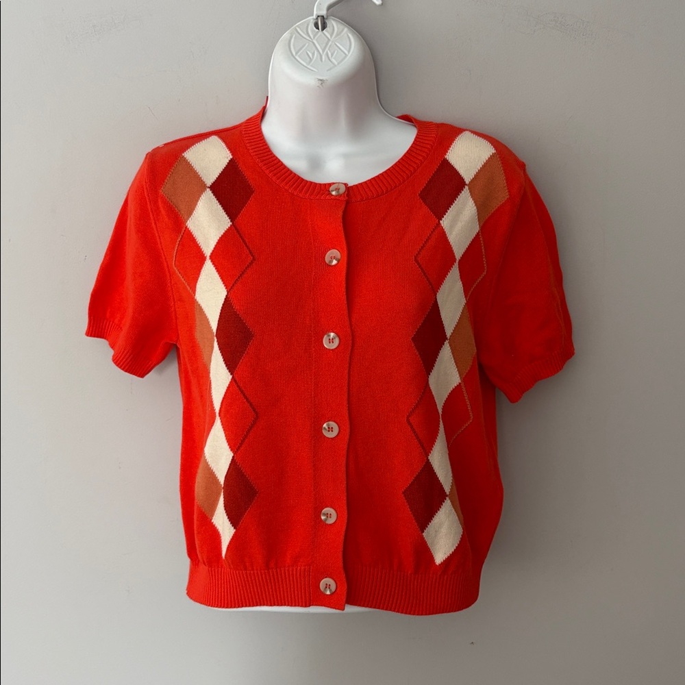 Zara Orange Argyle Short Sleeve Cardigan